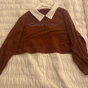 The color is brown and it has dinosaur in it size small